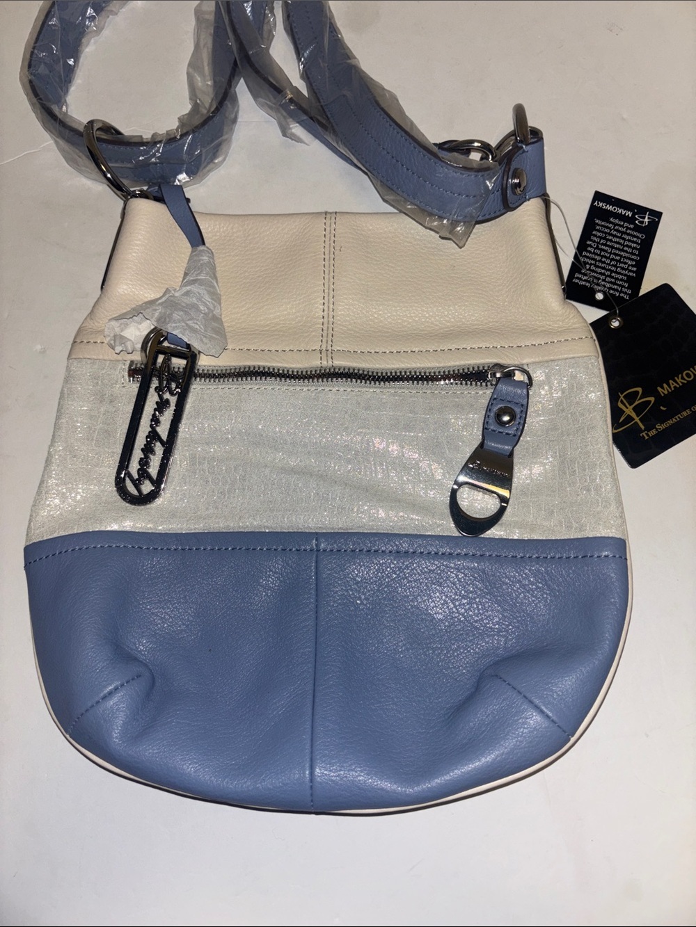 B.MAKOWSKY TRI-COLORED LEATHER CROSSBODY ADJUSTABLE STRAP SILVER HARDWARE NWTS